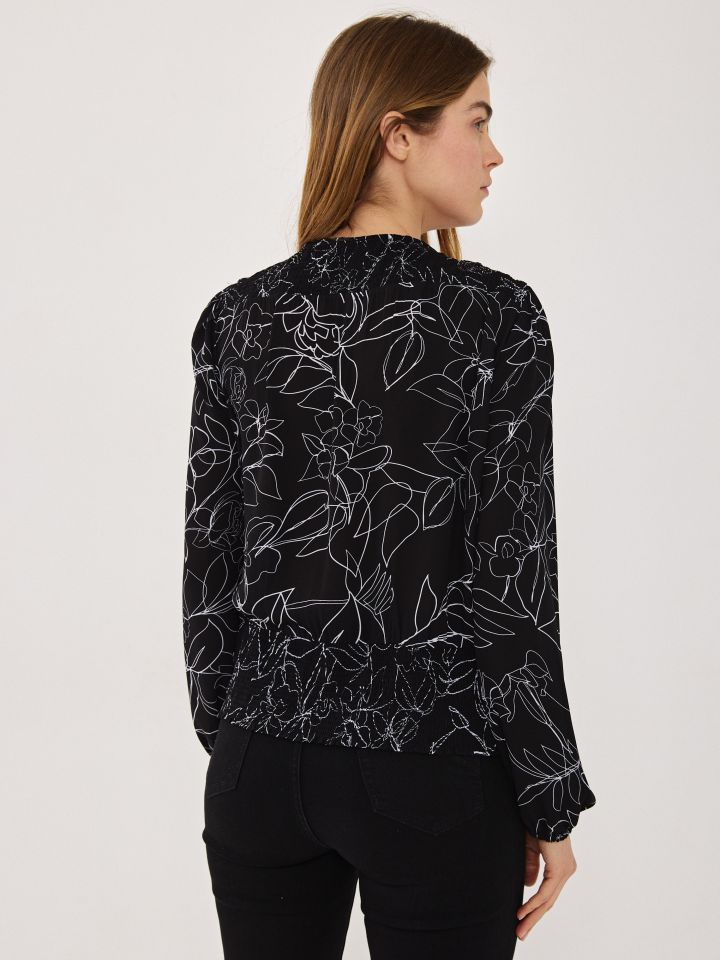 חולצה V שיפון דפוס בצבע שחור