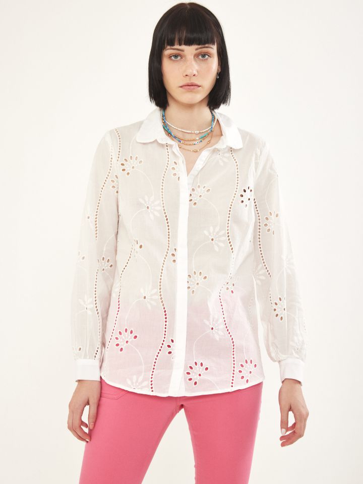 חולצה וואל ריקמות מכופתרת בצבע לבן