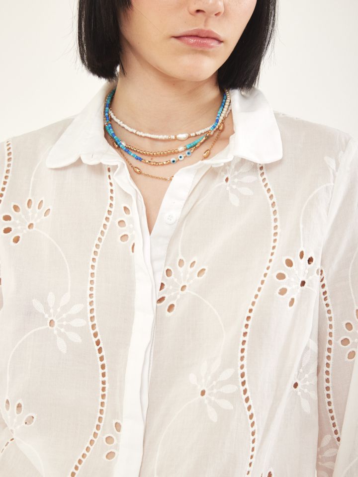 חולצה וואל ריקמות מכופתרת בצבע לבן