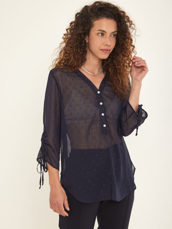 חולצה שינה כיווץ בשרוול בצבע נייבי