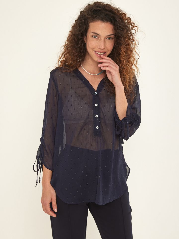 חולצה שינה כיווץ בשרוול בצבע נייבי