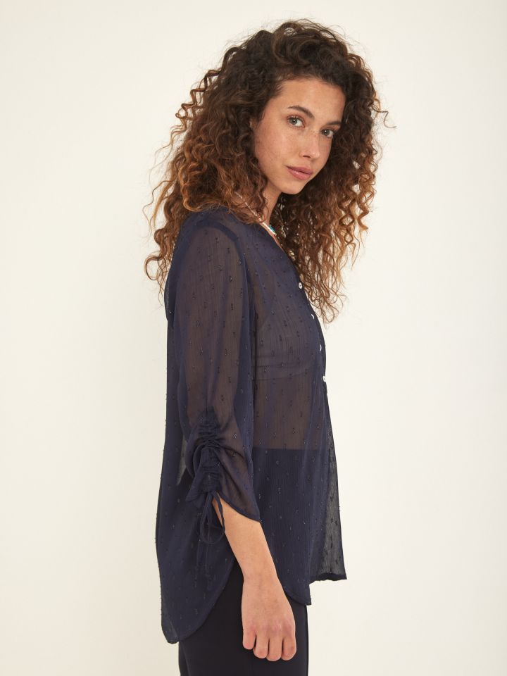 חולצה שינה כיווץ בשרוול בצבע נייבי