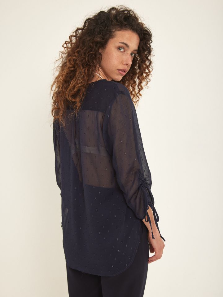 חולצה שינה כיווץ בשרוול בצבע נייבי