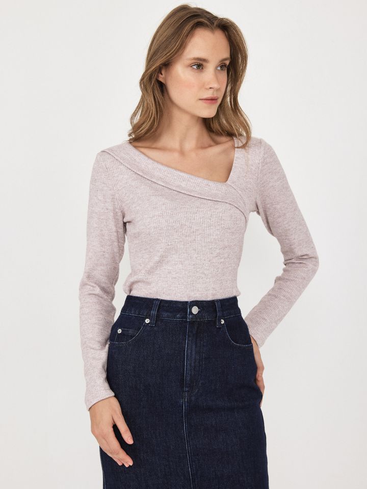 חולצה ריב פתח אלכסון PROMO בצבע ורוד עתיק