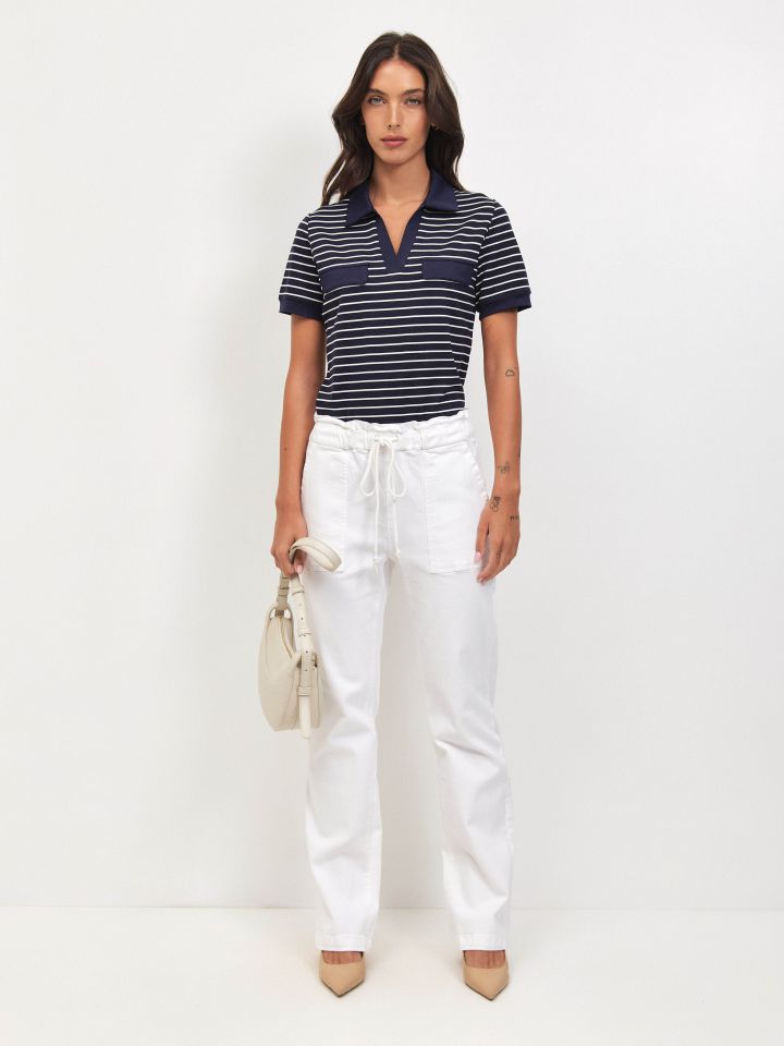 חולצה צוארון פסים + כיסים בצבע נייבי