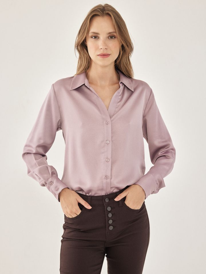 חולצה סטן מכופתרת PROMO בצבע ורוד מעושן