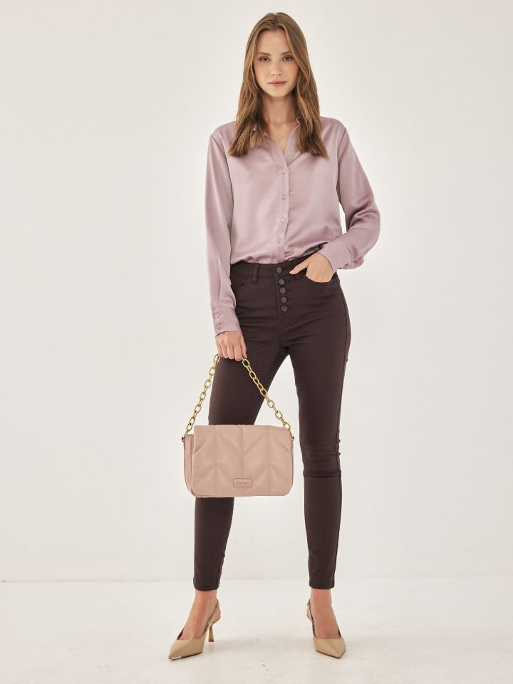 חולצה סטן מכופתרת PROMO בצבע ורוד מעושן