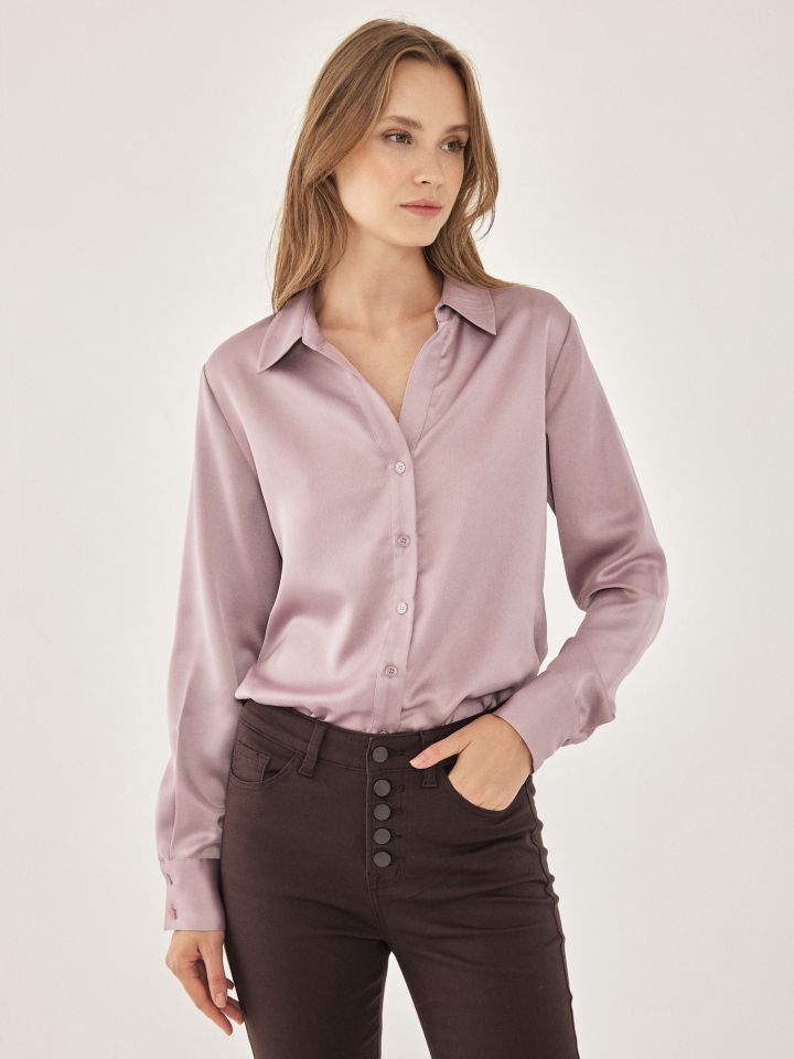 חולצה סטן מכופתרת PROMO בצבע ורוד מעושן