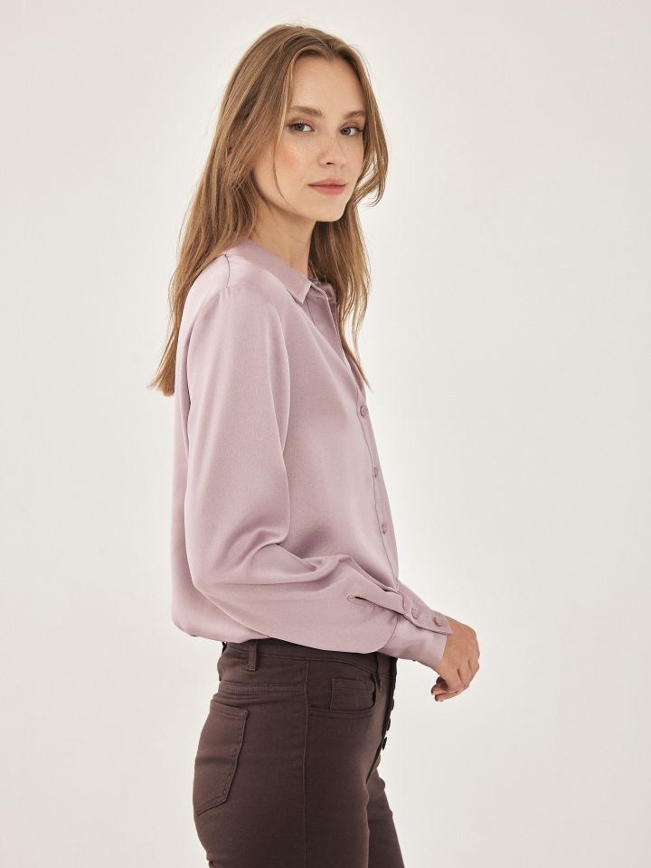 חולצה סטן מכופתרת PROMO בצבע ורוד מעושן