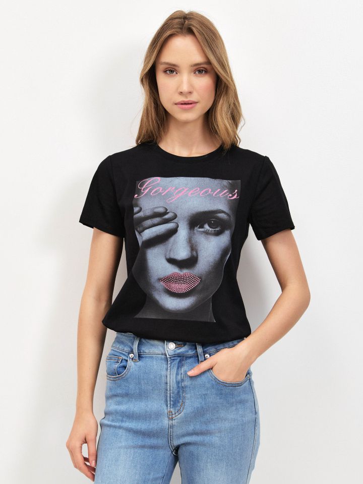 חולצה שפתיים דמוי יהלומים PROMO בצבע שחור