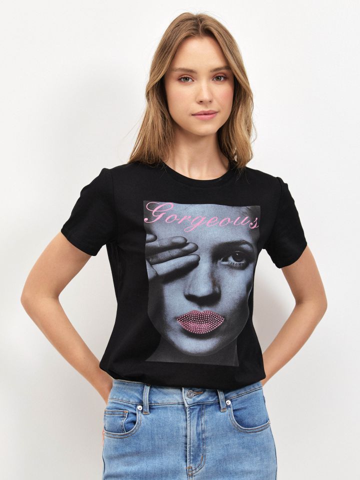 חולצה שפתיים דמוי יהלומים PROMO בצבע שחור