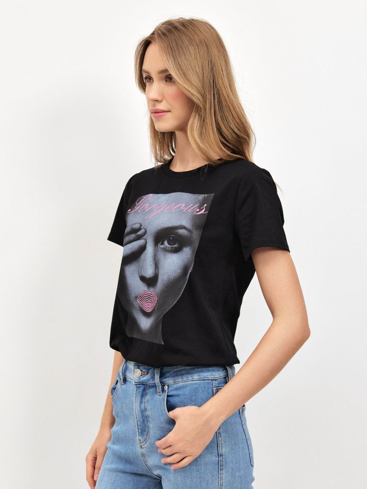 חולצה שפתיים דמוי יהלומים PROMO בצבע שחור