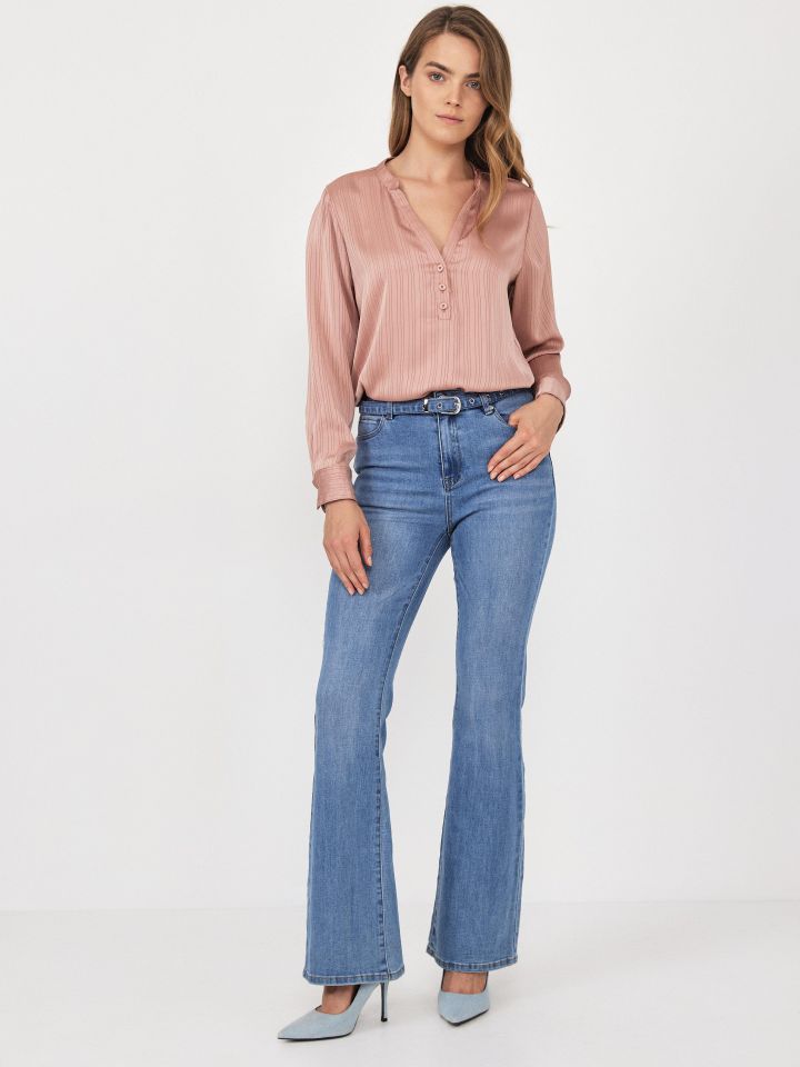 חולצה V שינה פסי אורך בצבע ורוד עתיק