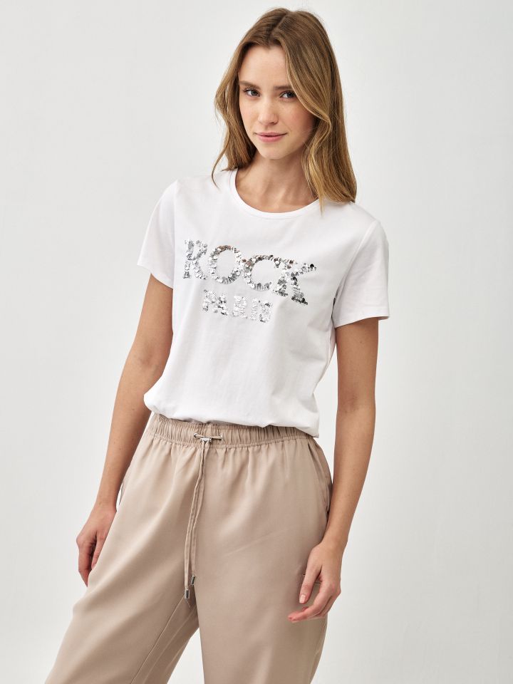 חולצה ROCK פייטים PROMO בצבע לבן