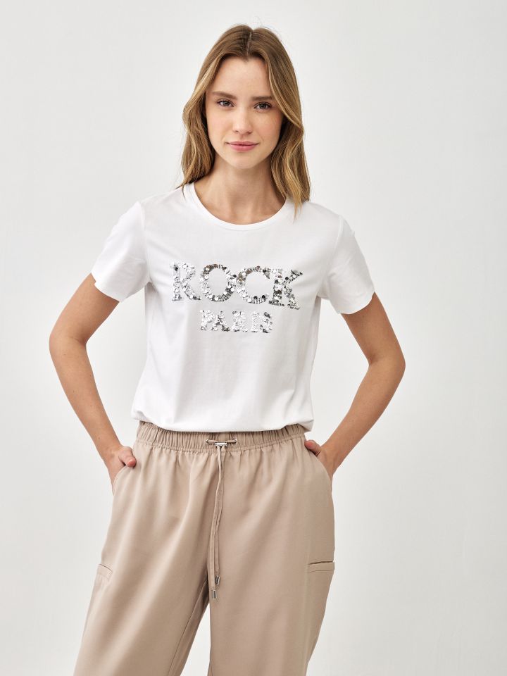 חולצה ROCK פייטים PROMO בצבע לבן