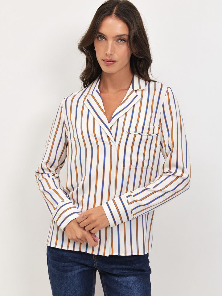 חולצה סטן פסים כיס בצבע פסים