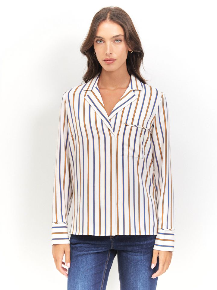 חולצה סטן פסים כיס בצבע פסים