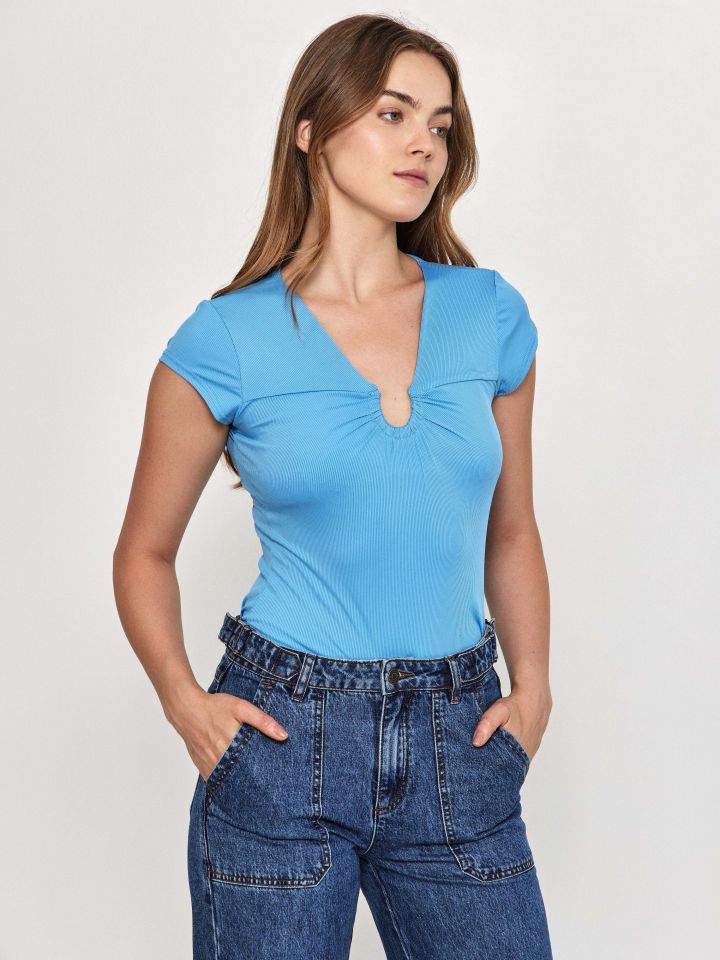 חולצה ריב פתח PROMO U בצבע תכלת