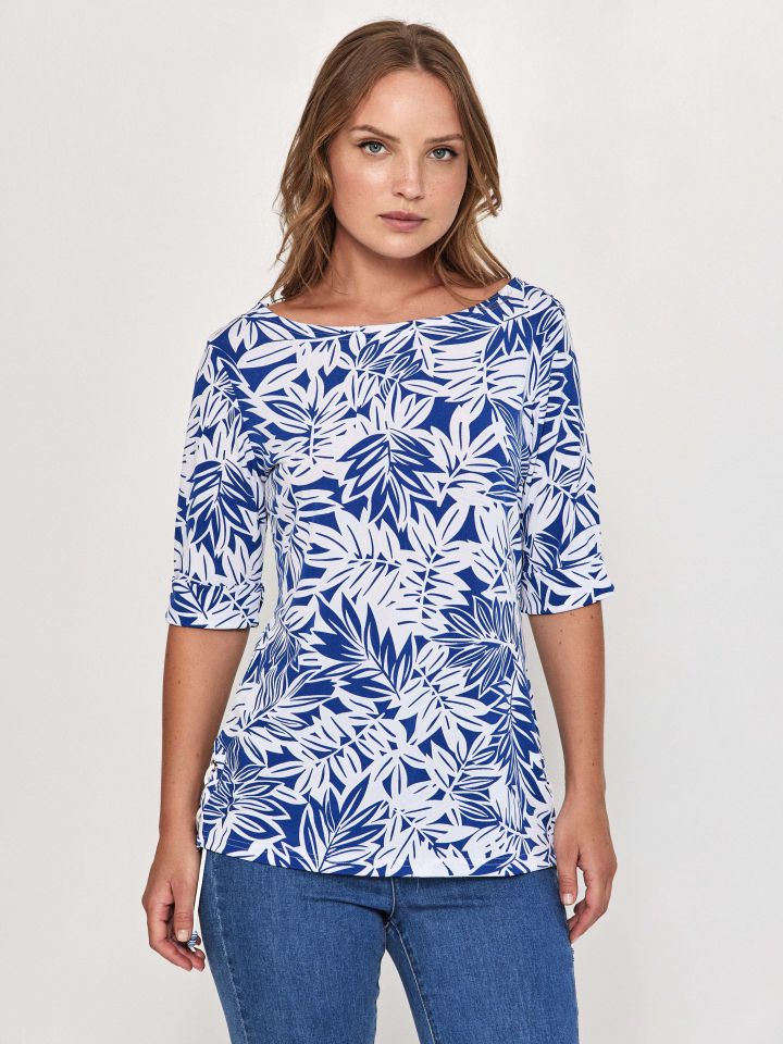 חולצה דפוס  שרוך צד ואיבקות בצבע לבן /כחול