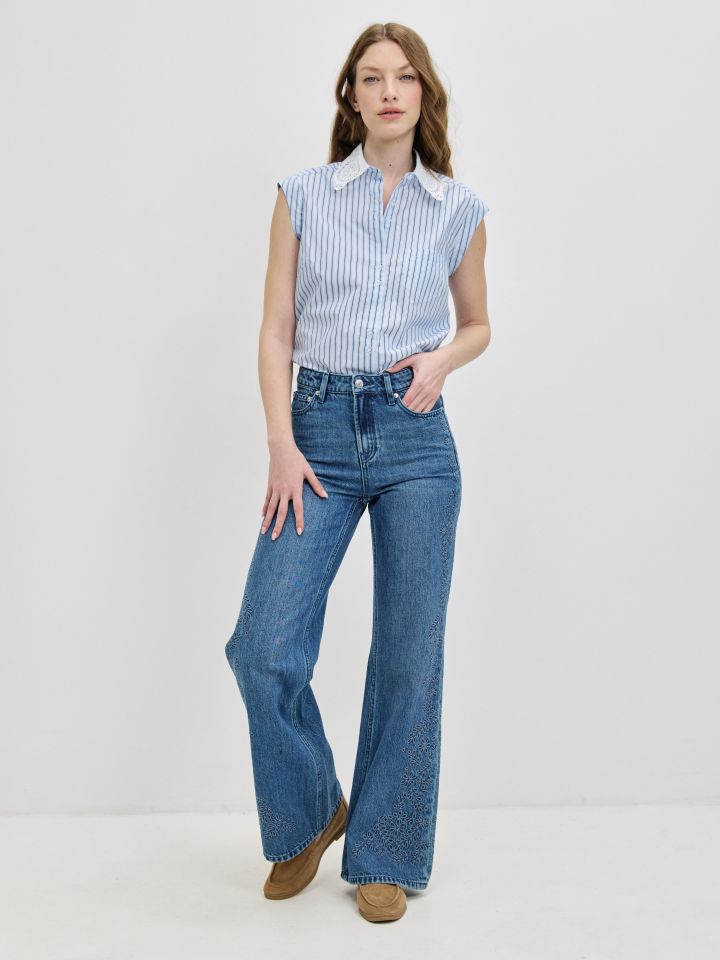 חולצה פסים צוארון קרושה בצבע תכלת