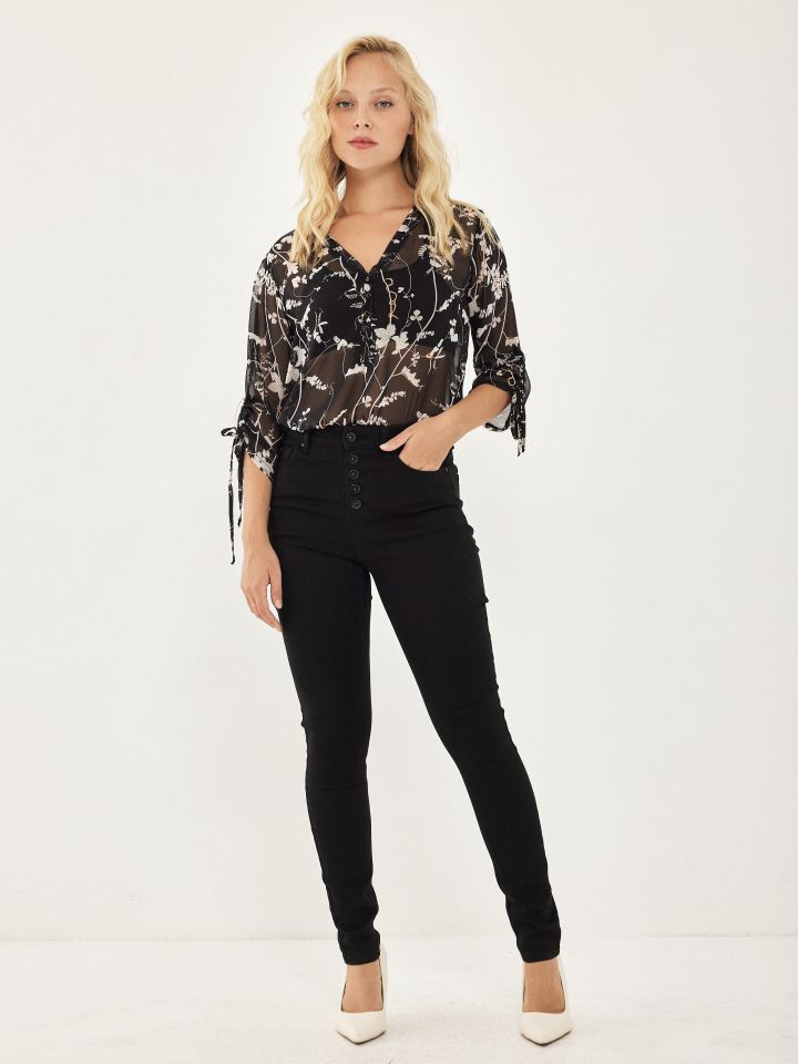 חולצה דפוס שינה כיווץ בשרוול בצבע שחור/לבן