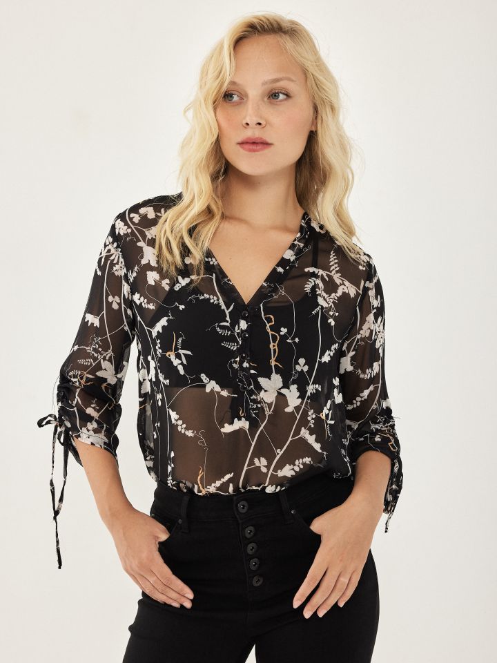 חולצה דפוס שינה כיווץ בשרוול בצבע שחור/לבן