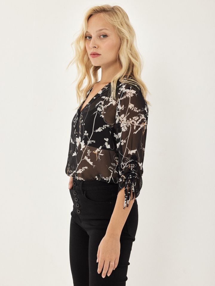 חולצה דפוס שינה כיווץ בשרוול בצבע שחור/לבן