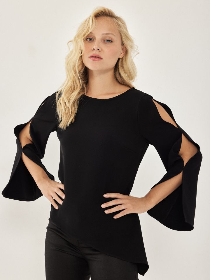 חולצה סטן צוארון שרוול ארוך בצבע שחור