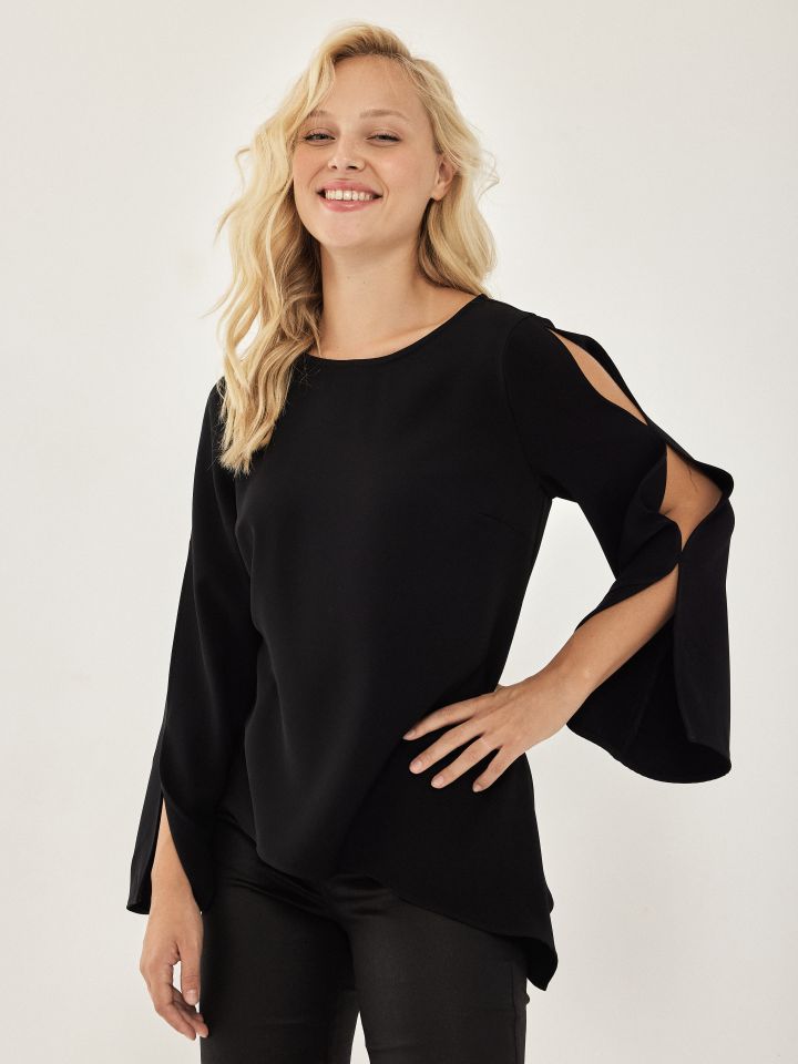 חולצה סטן צוארון שרוול ארוך בצבע שחור