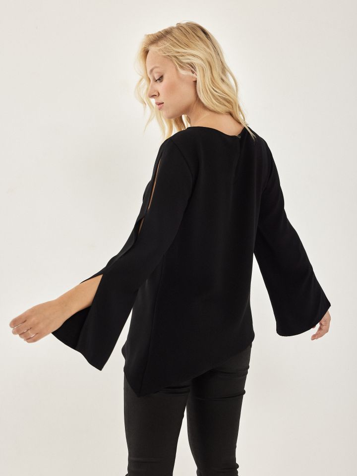 חולצה סטן צוארון שרוול ארוך בצבע שחור