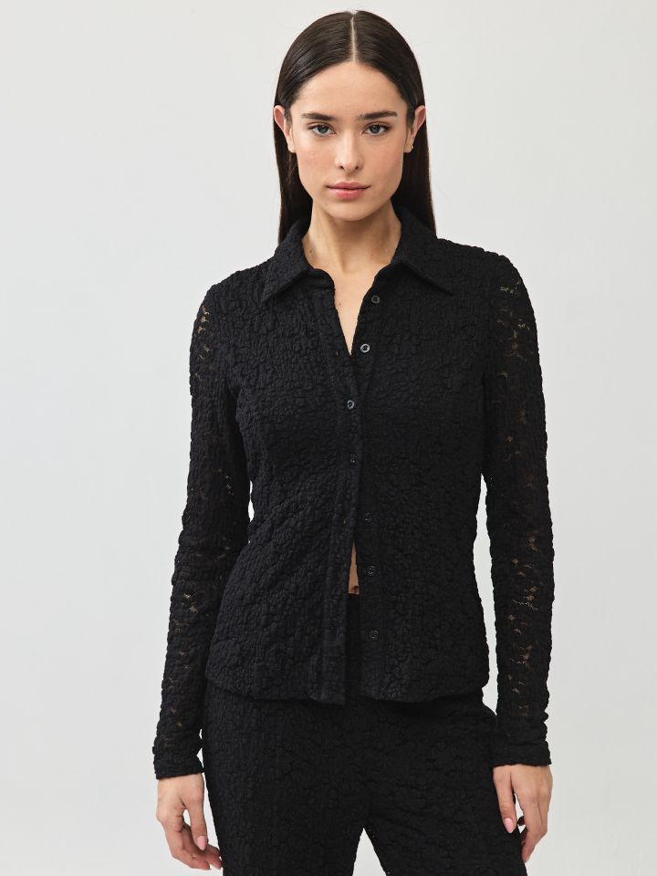 חולצה תחרה שרוול ארוך בצבע שחור