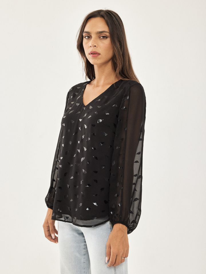 חולצה V דפוס פויל שילובים בצבע שחור