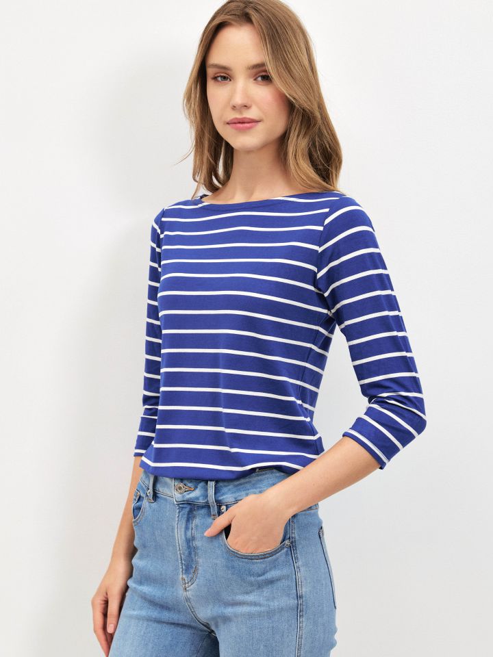 חולצה פסים שרוול 3/4 PROMO בצבע כחול רויאל