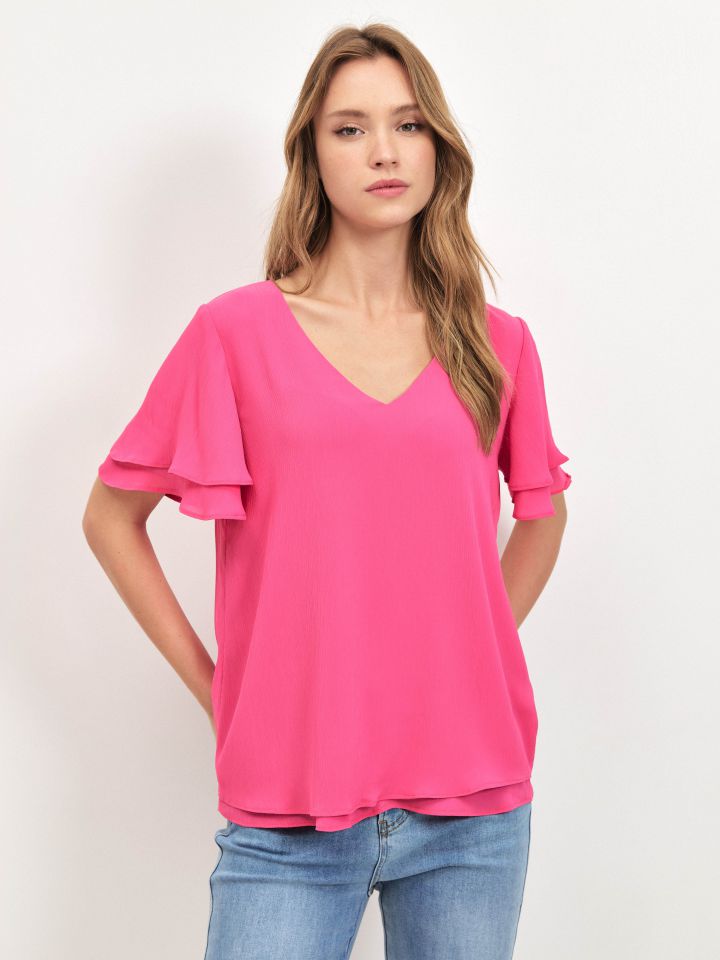 חולצה V  PROMO בצבע פוקסיה