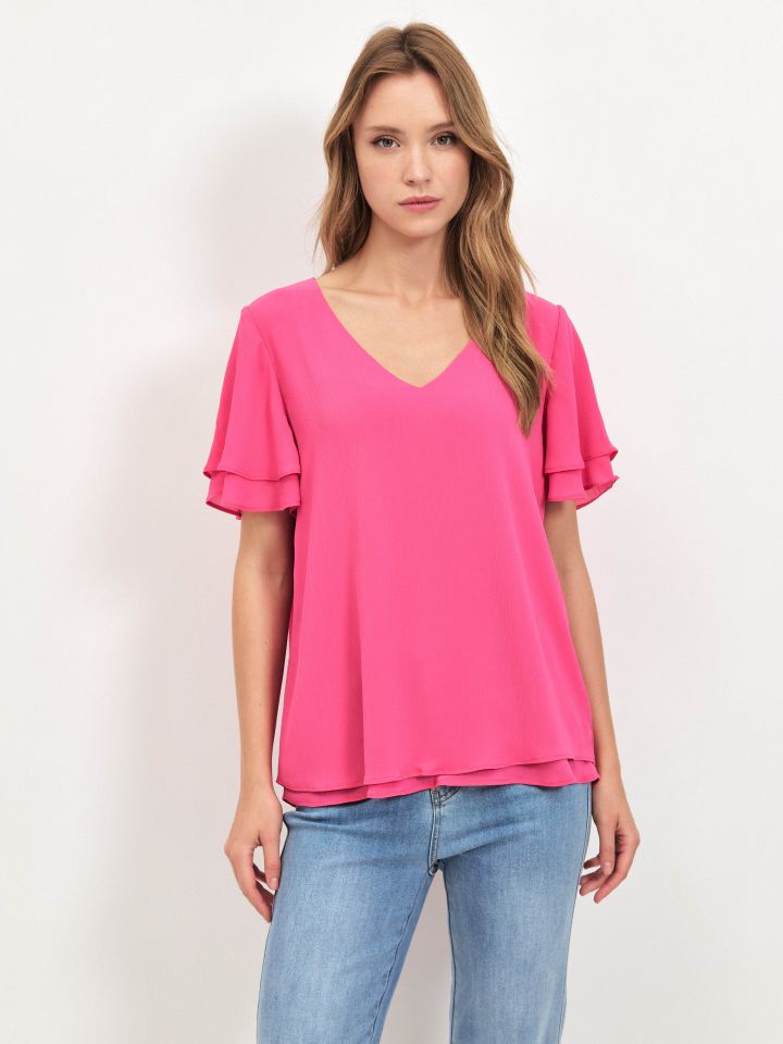 חולצה V  PROMO בצבע פוקסיה