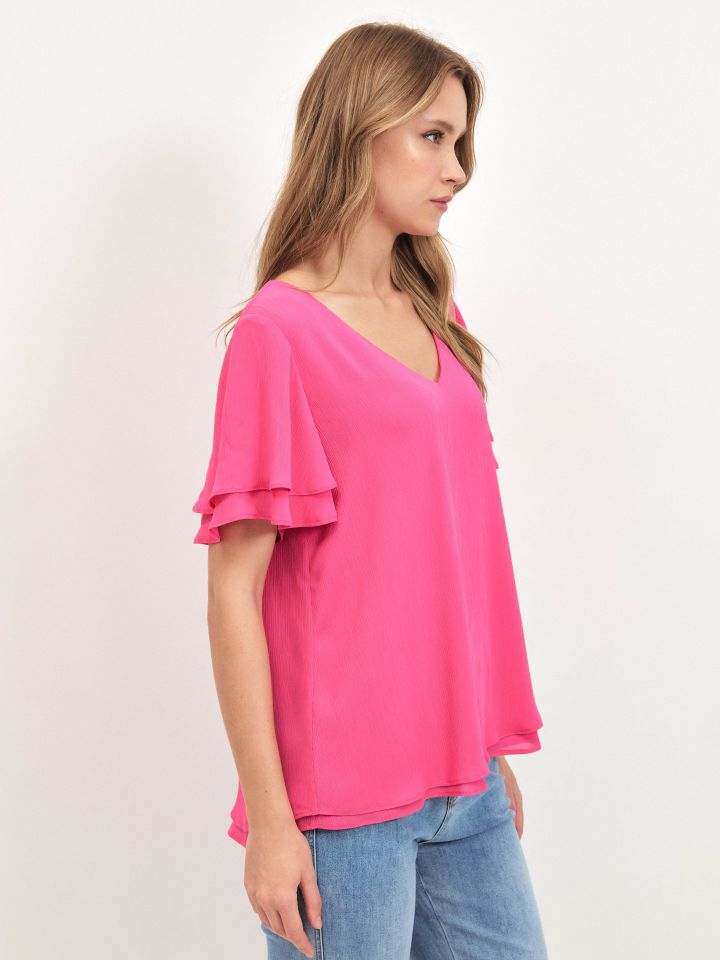 חולצה V  PROMO בצבע פוקסיה