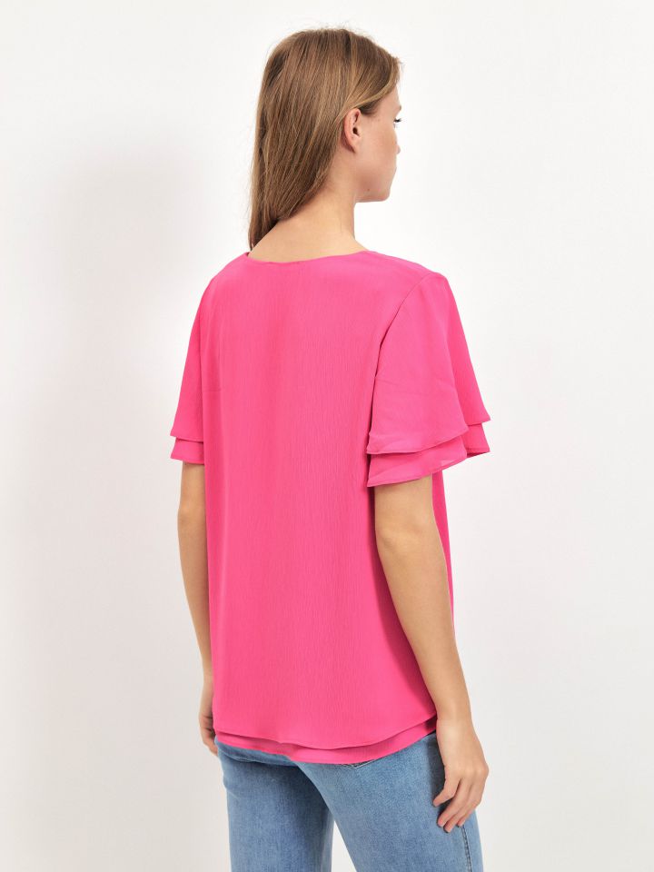 חולצה V  PROMO בצבע פוקסיה