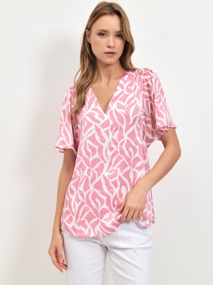 חולצה סטן V דפוס PROMO בצבע ורוד