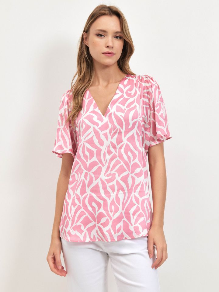 חולצה סטן V דפוס PROMO בצבע ורוד