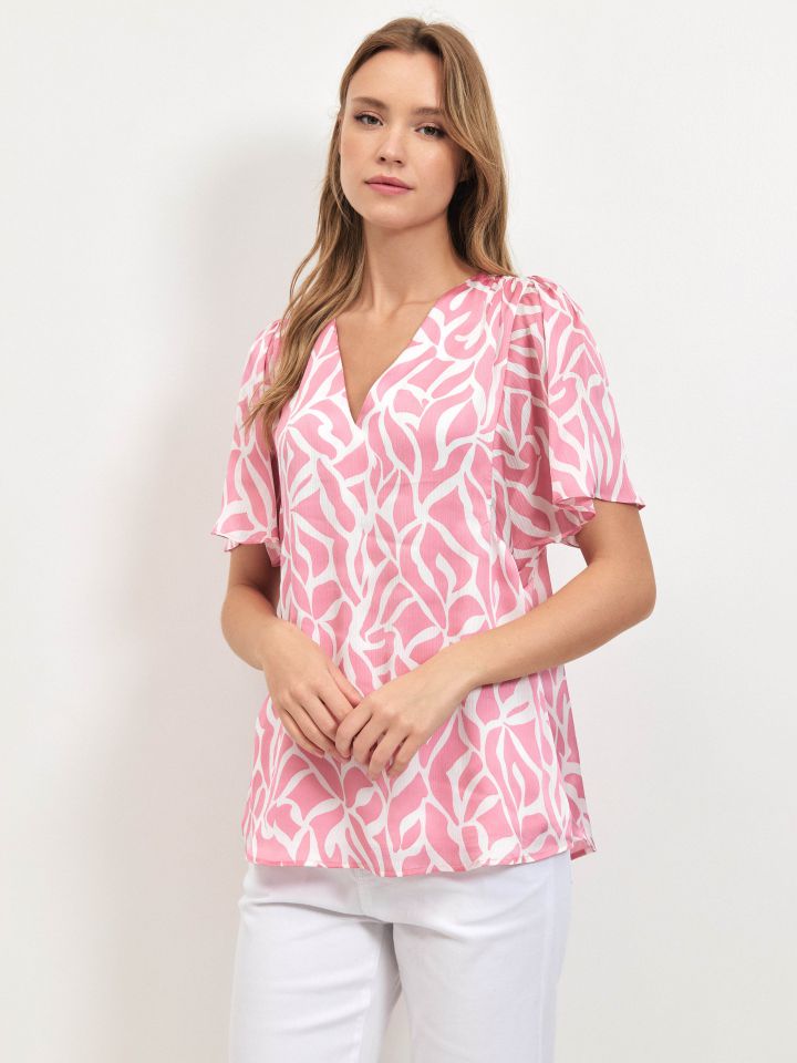 חולצה סטן V דפוס PROMO בצבע ורוד