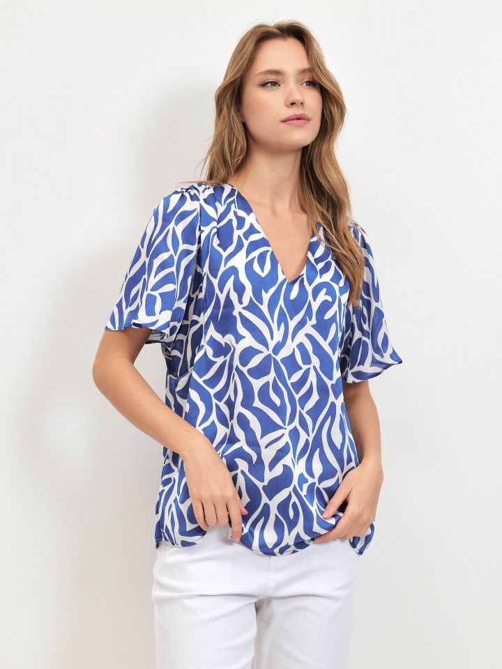 חולצה סטן V דפוס PROMO בצבע כחול