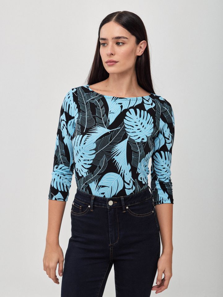 חולצה דפוס שרוול 3/4 PROMO בצבע טורקיז