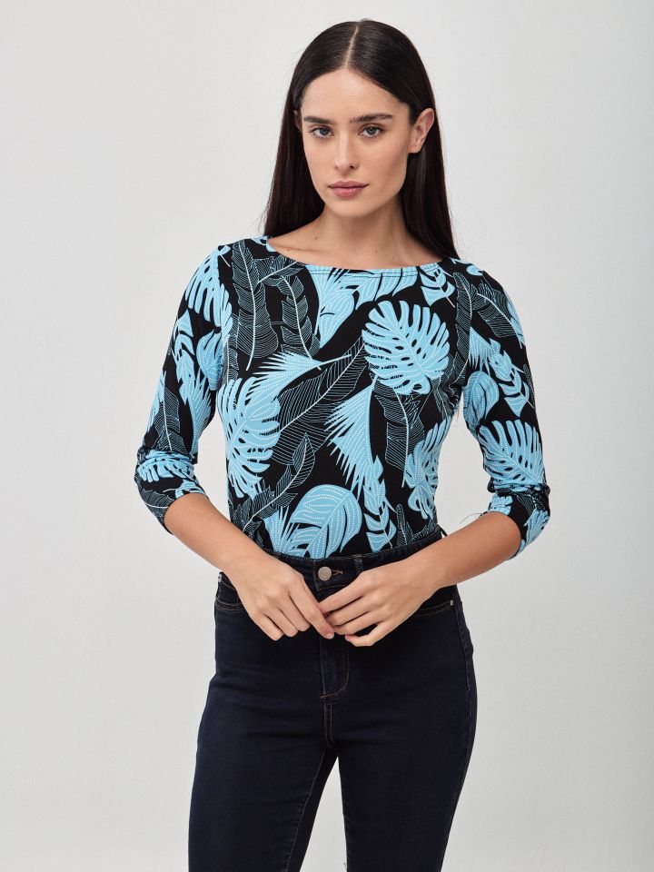 חולצה דפוס שרוול 3/4 PROMO בצבע טורקיז