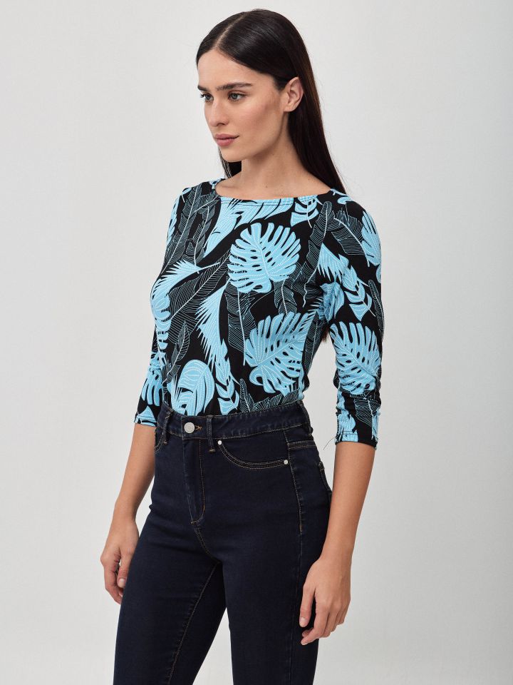 חולצה דפוס שרוול 3/4 PROMO בצבע טורקיז