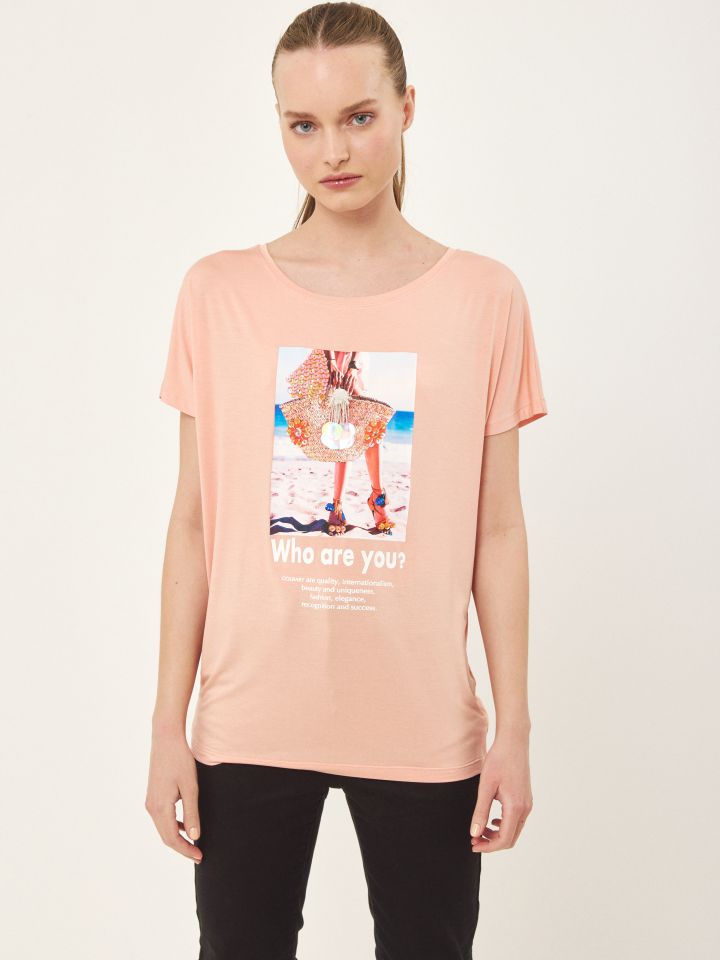 חולצה דפוס תיק קש PROMO בצבע אפרסק