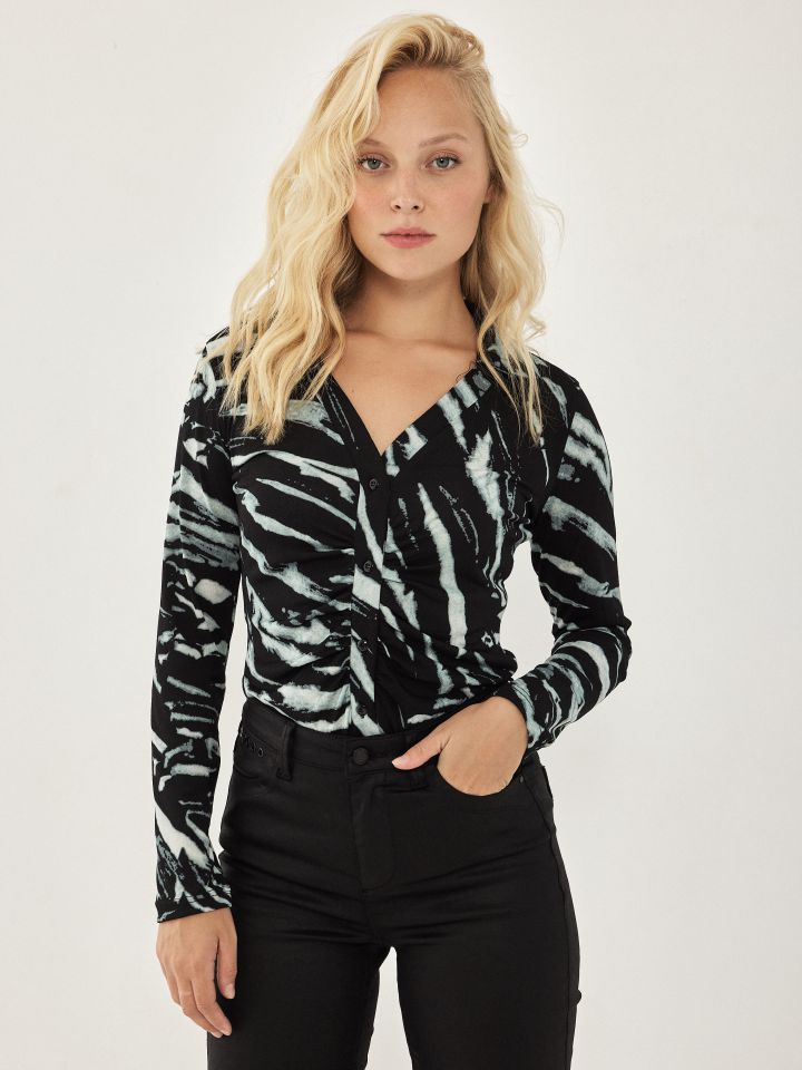 חולצה שינה דפוס שרוול ארוך בצבע ירוק