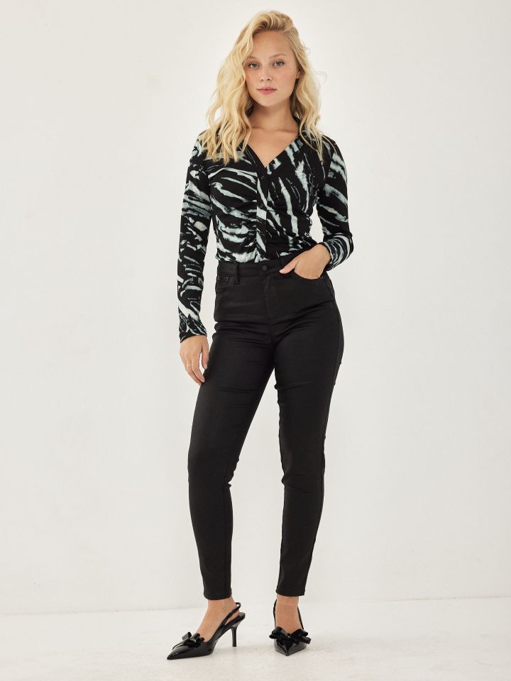 חולצה שינה דפוס שרוול ארוך בצבע ירוק