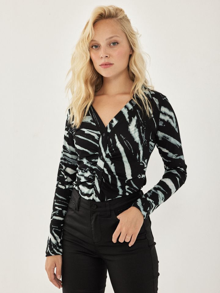 חולצה שינה דפוס שרוול ארוך בצבע ירוק