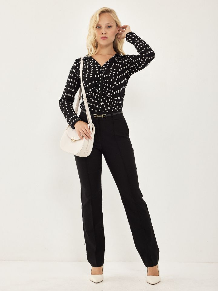 חולצה שינה דפוס שרוול ארוך בצבע שחור