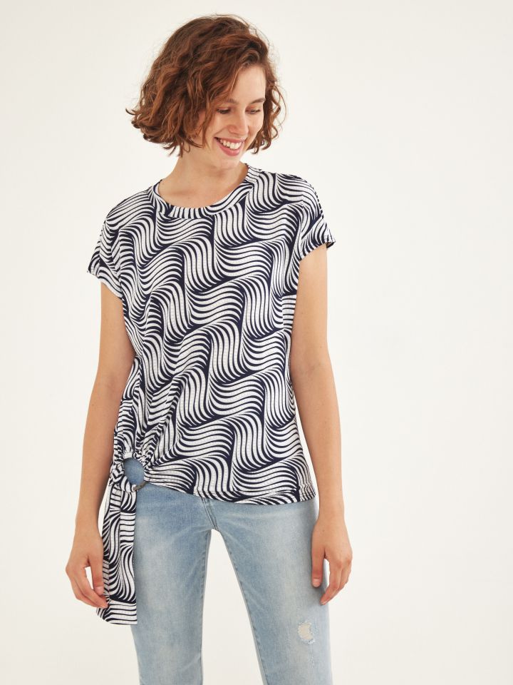 חולצה דפוס אבזם קשירה בצבע כחול/לבן